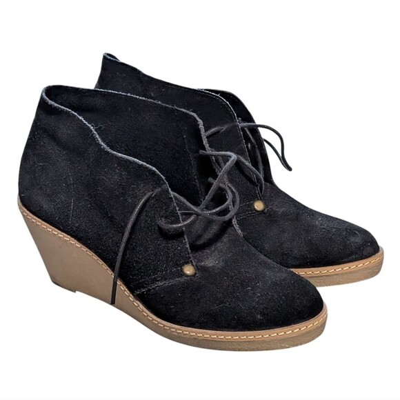 Lucky Brand June black leather suede lace up ankle bootie wedge washed casual - Picture 10 of 10
